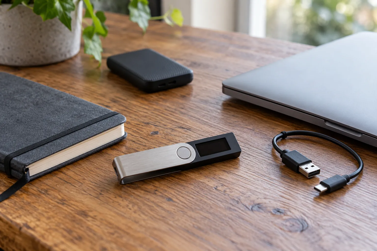 Illustration: Small hardware-wallet devices, a cable and a notebook on a coworking table.