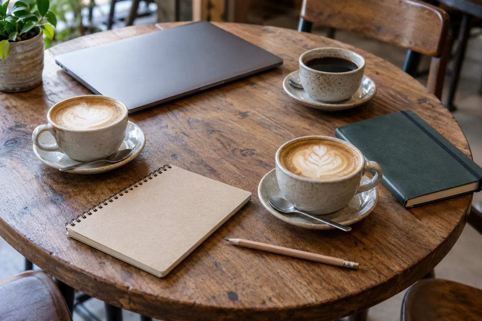 Illustration: Coffee cups, notebooks and a closed laptop on a shared café table.