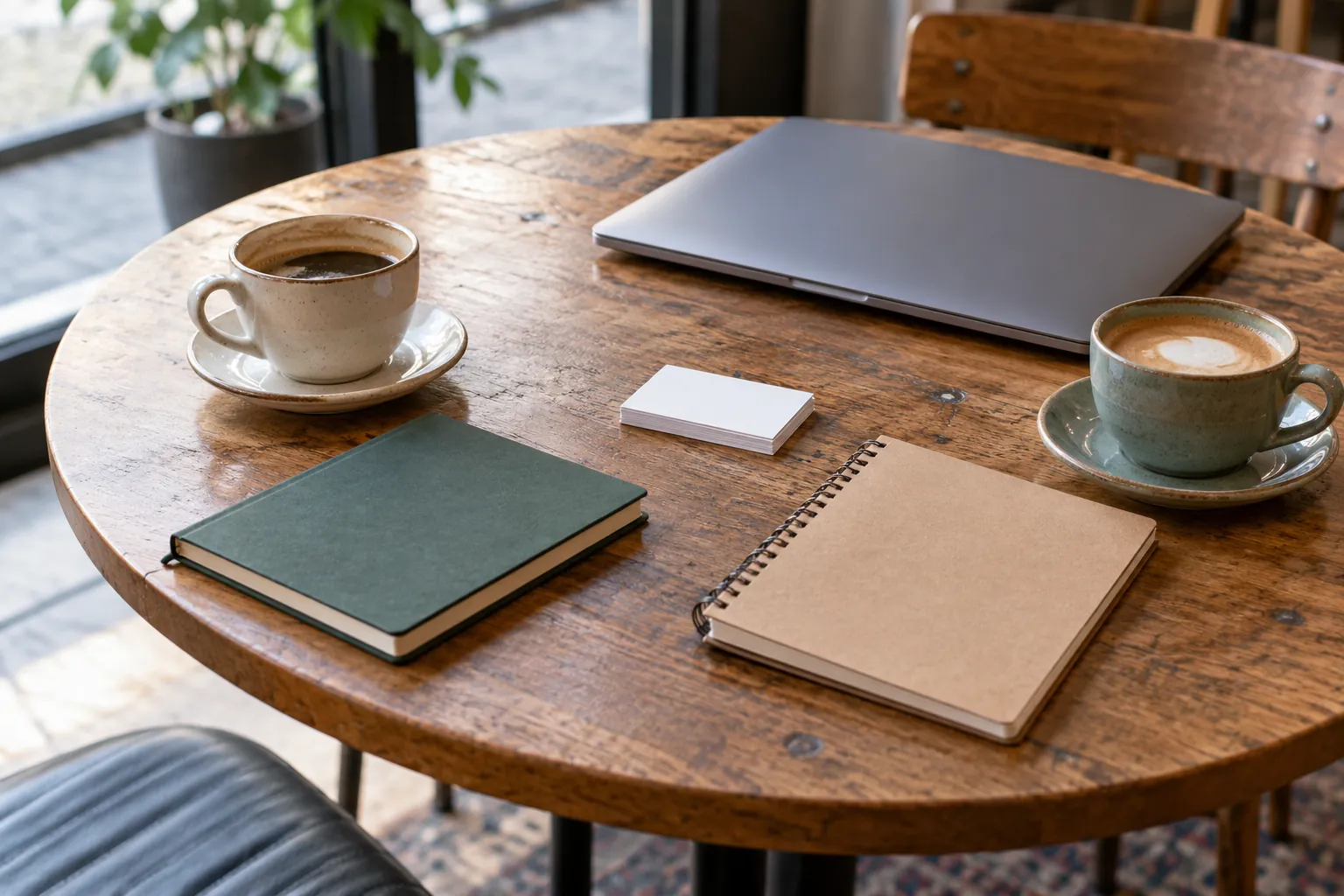 Illustration: Notebooks, coffee cups and a closed laptop on a small café table.