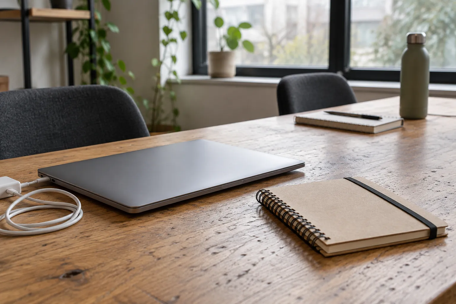 Illustration: A closed laptop, notebooks and a charging cable along a shared worktable.