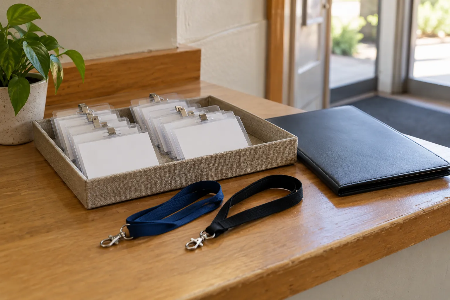 Illustration: Blank name badges and lanyards on a registration ledge.