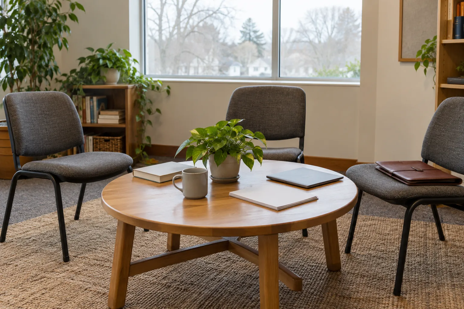 Illustration: A closed folio beside empty chairs in a meeting room.