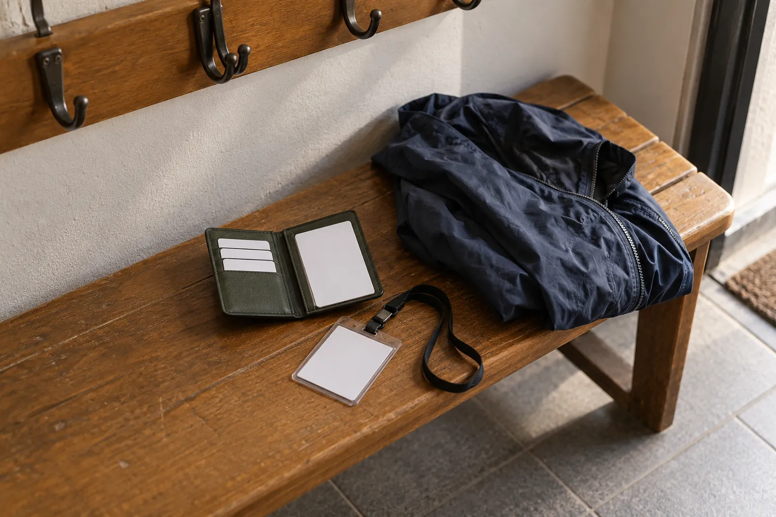 Illustration: A card wallet and blank badge holder on a bench.