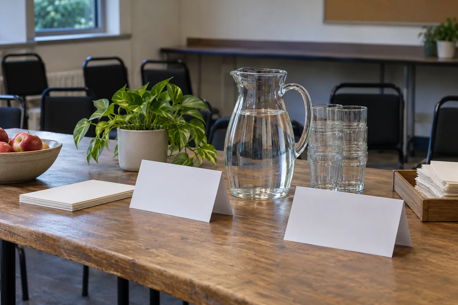 Illustration: Blank tent cards and reusable glasses on a meeting-room counter.