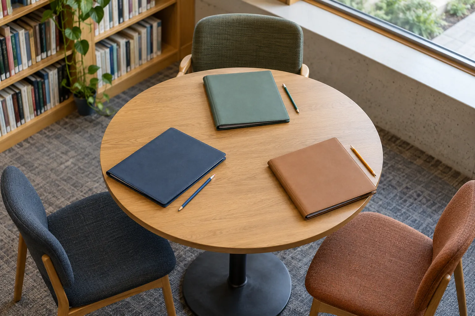 Illustration: Document sleeves and pencils around a small meeting table.