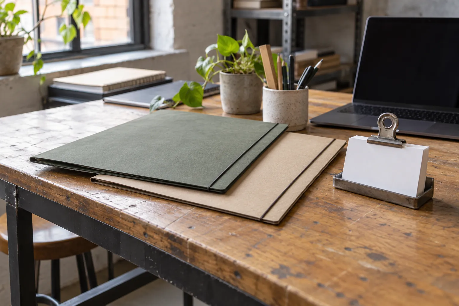Illustration: Plain portfolio folders and blank cards on a workbench.