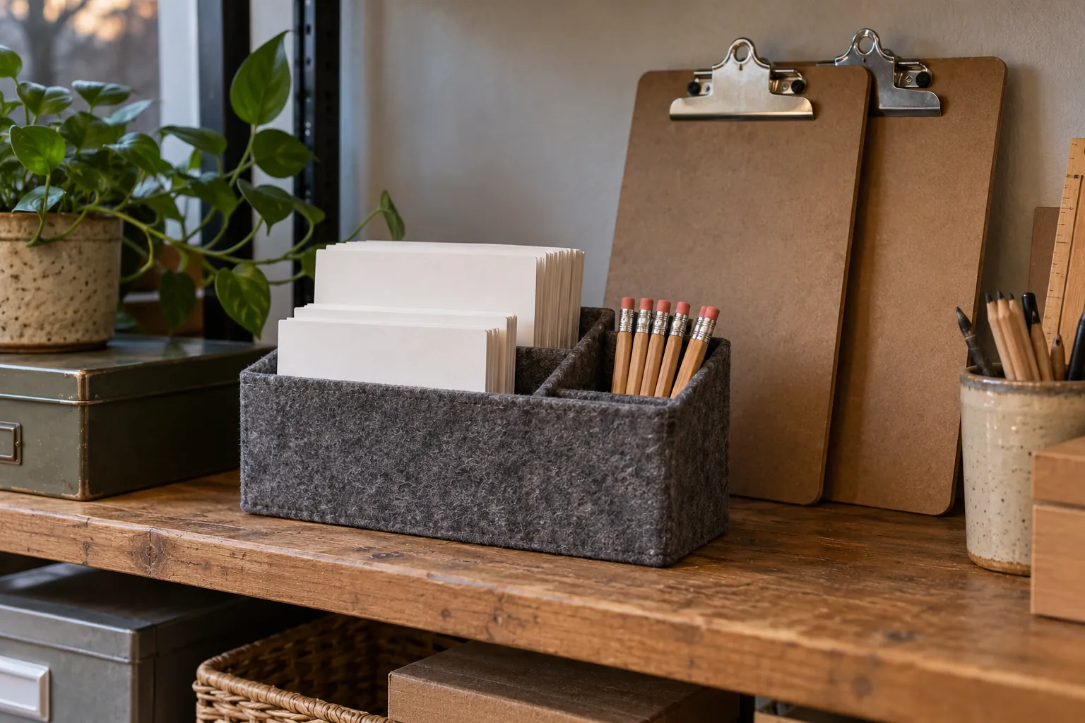 Illustration: Index cards, pencils and clipboards on a workshop shelf.