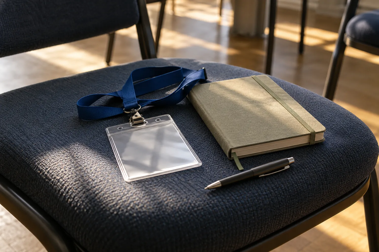 Illustration: A blank badge sleeve and notebook on a chair seat.