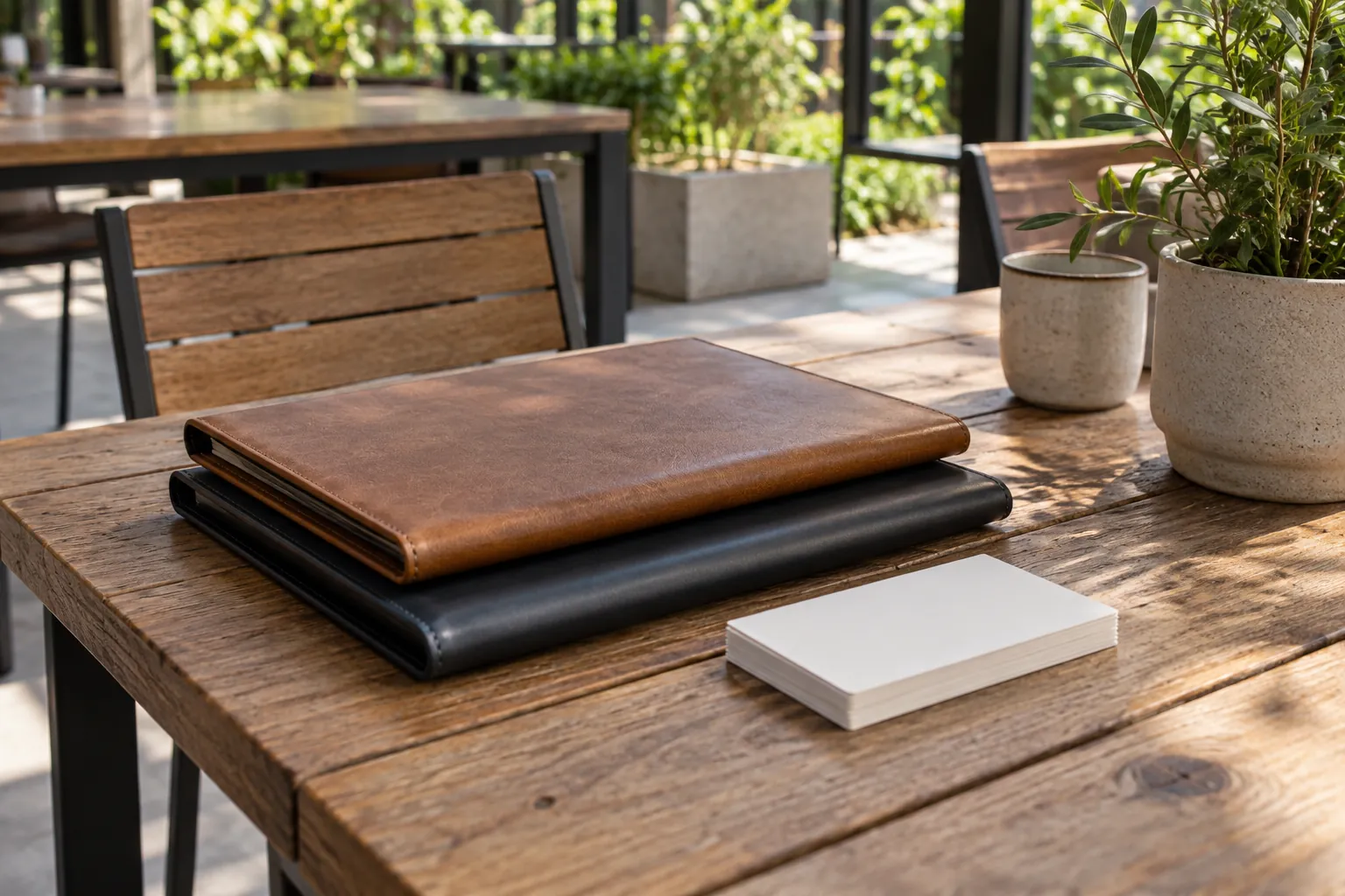 Closed folios and blank contact cards on a sheltered terrace.