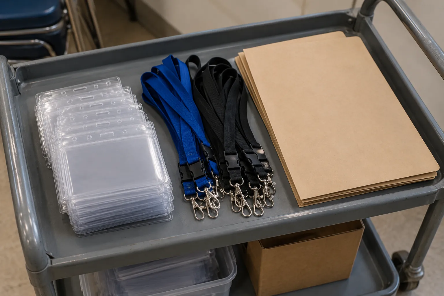 Illustration: Reusable badge sleeves and lanyards on a storage trolley.