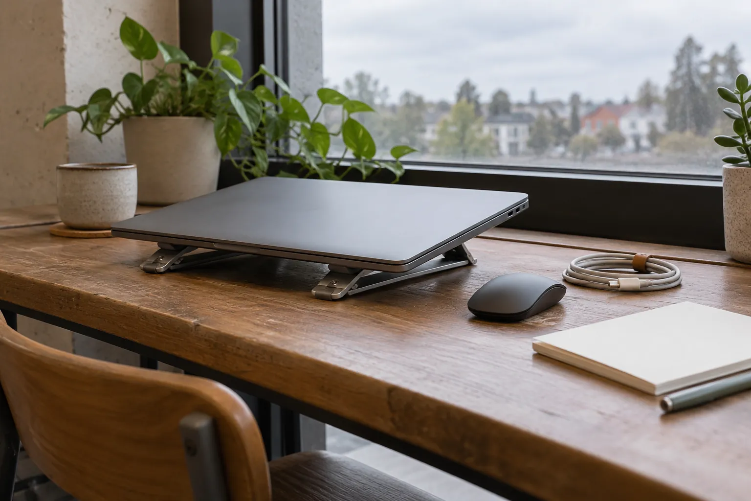 Illustration: A closed laptop, riser and mouse on a shared desk.