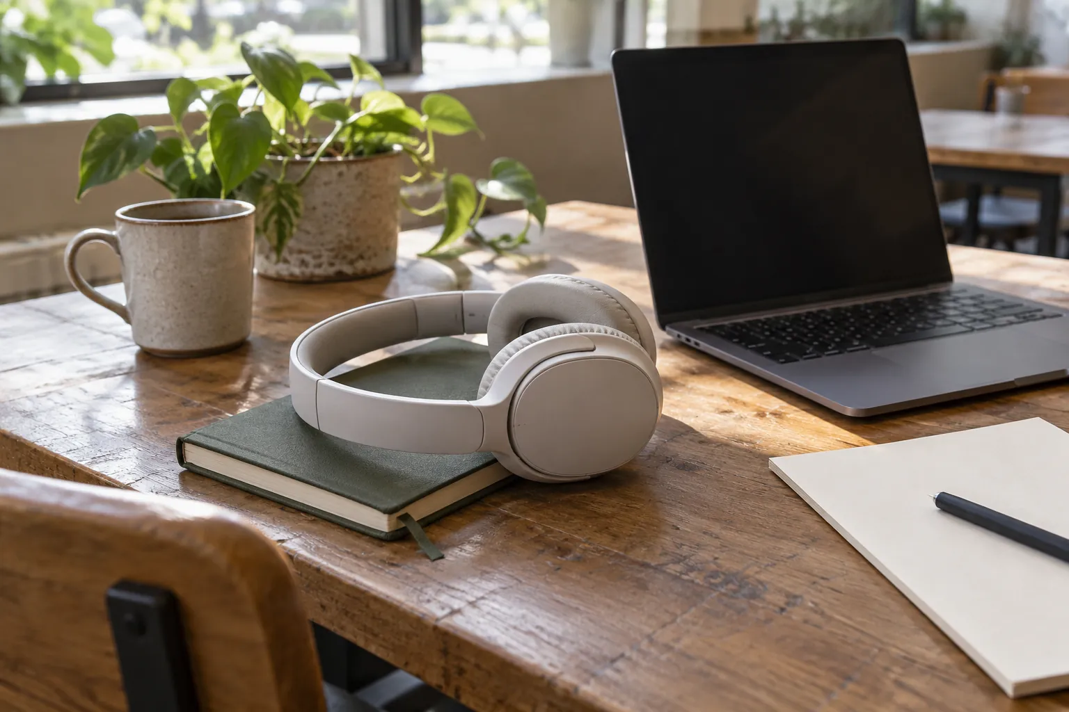 Illustration: Headphones and a notebook beside a dark laptop.