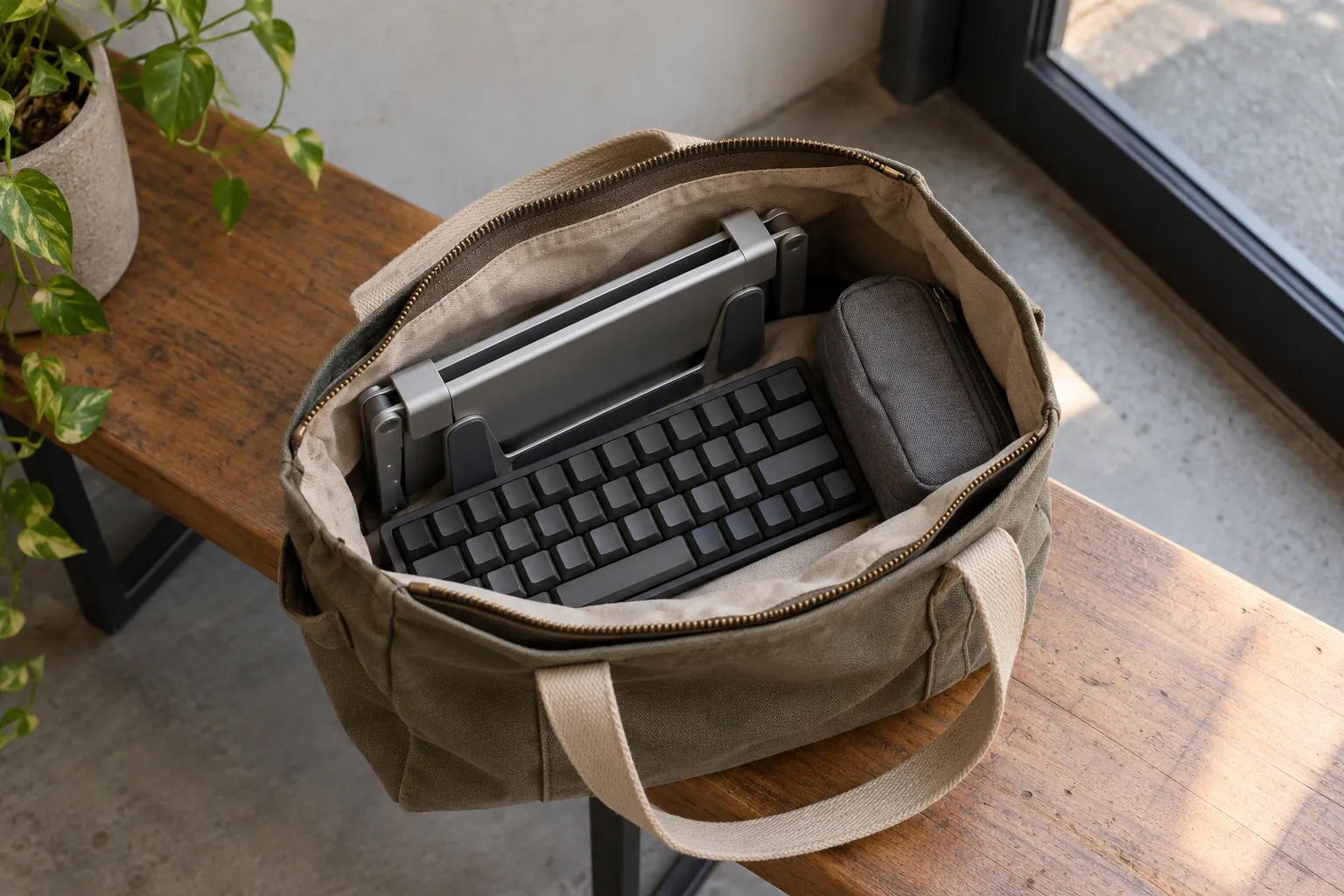Illustration: A keyboard and folding stand inside a canvas work bag.