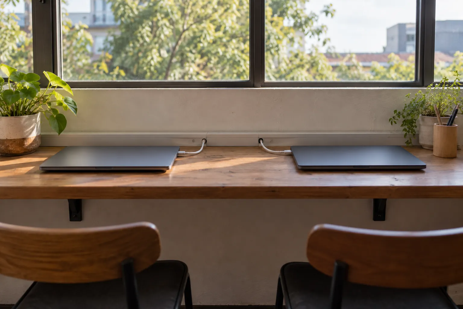 Closed laptops and charging leads along a communal shelf.