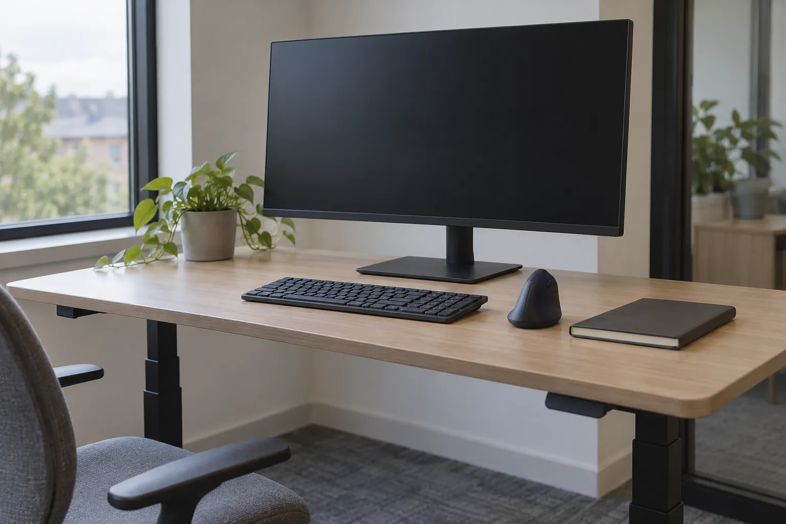Illustration: A keyboard and notebook on a standing desk beneath a dark monitor.