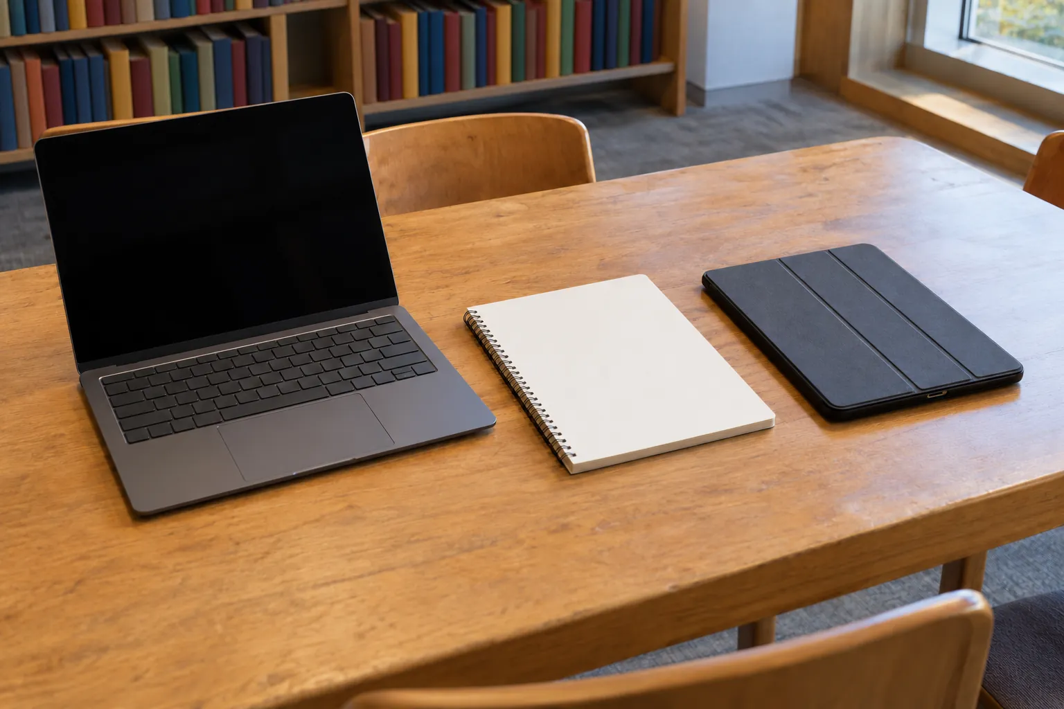 Illustration: A laptop and closed tablet case at a shared worktable.