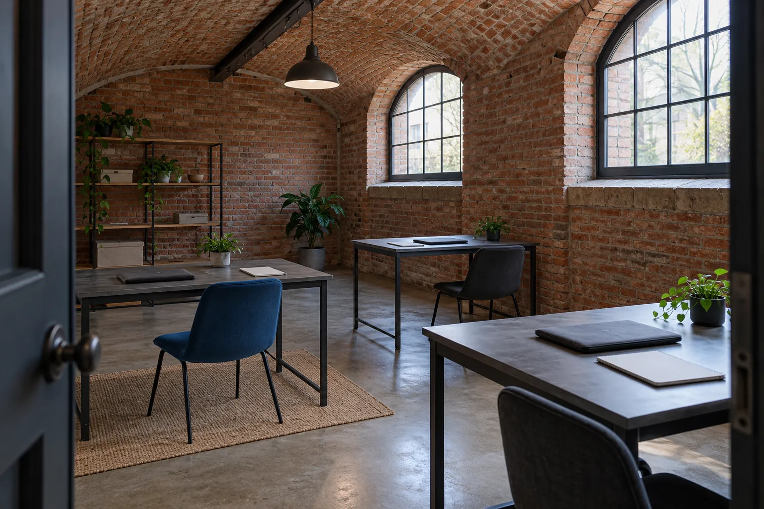 Illustration: An empty coworking room with steel desks beneath a brick vault.