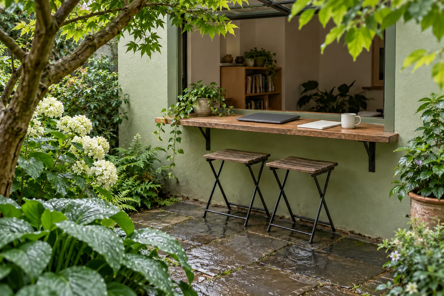 Illustration: A shaded work hatch opening onto a leafy garden.