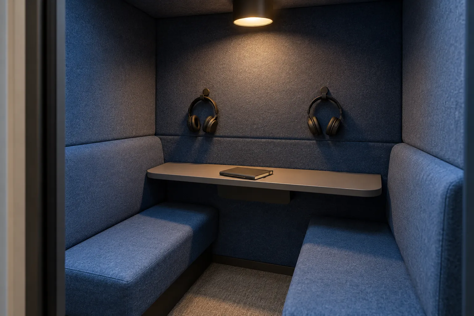 Illustration: Two empty seats and hanging headsets inside a blue meeting booth.