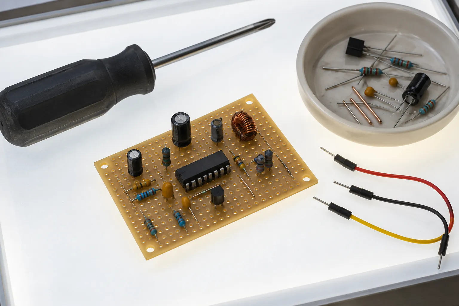 Illustration: A small circuit prototype and connectors on a glowing work panel.