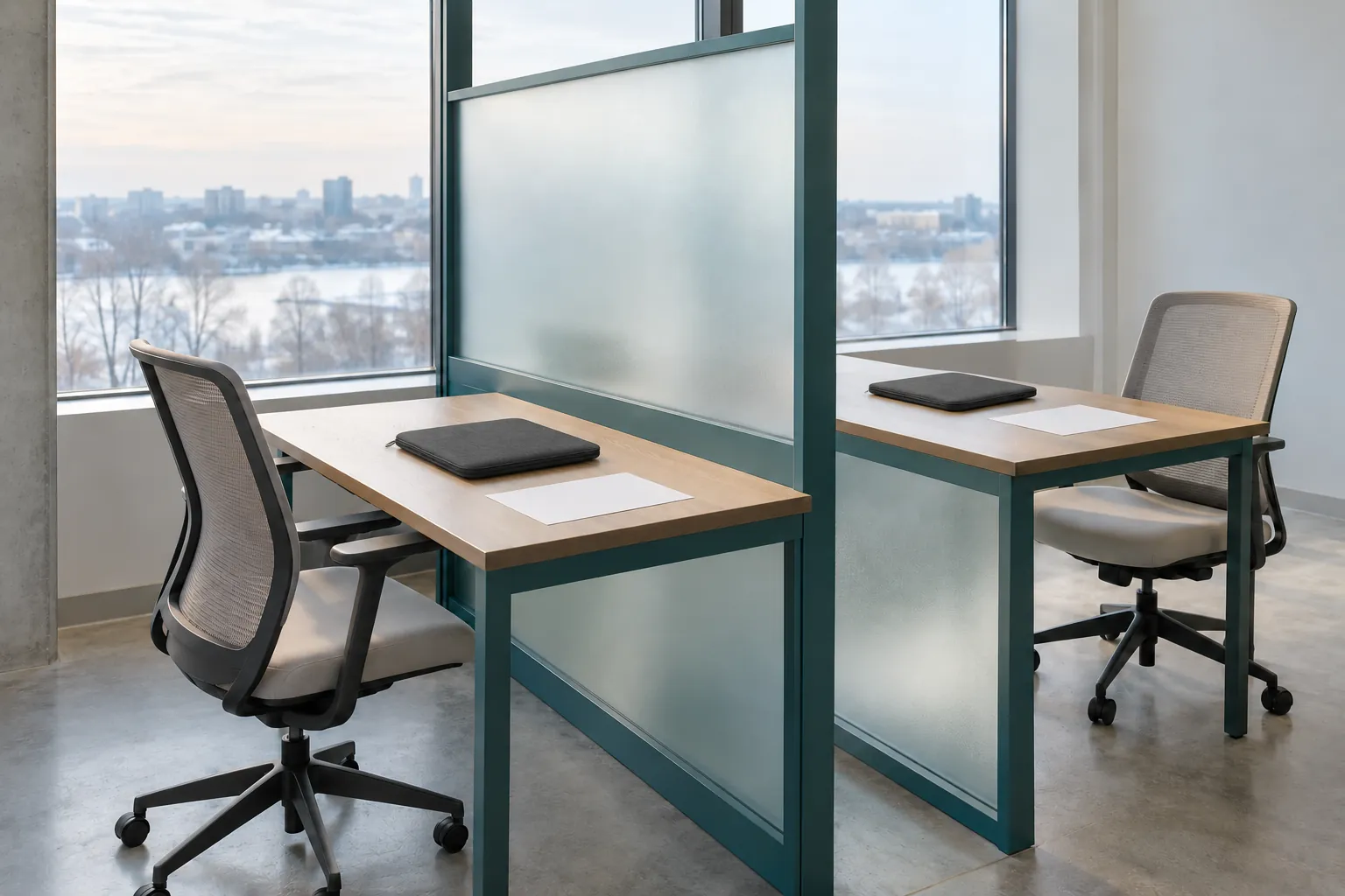 Illustration: Plain laptop sleeves on two desks divided by a frosted screen.