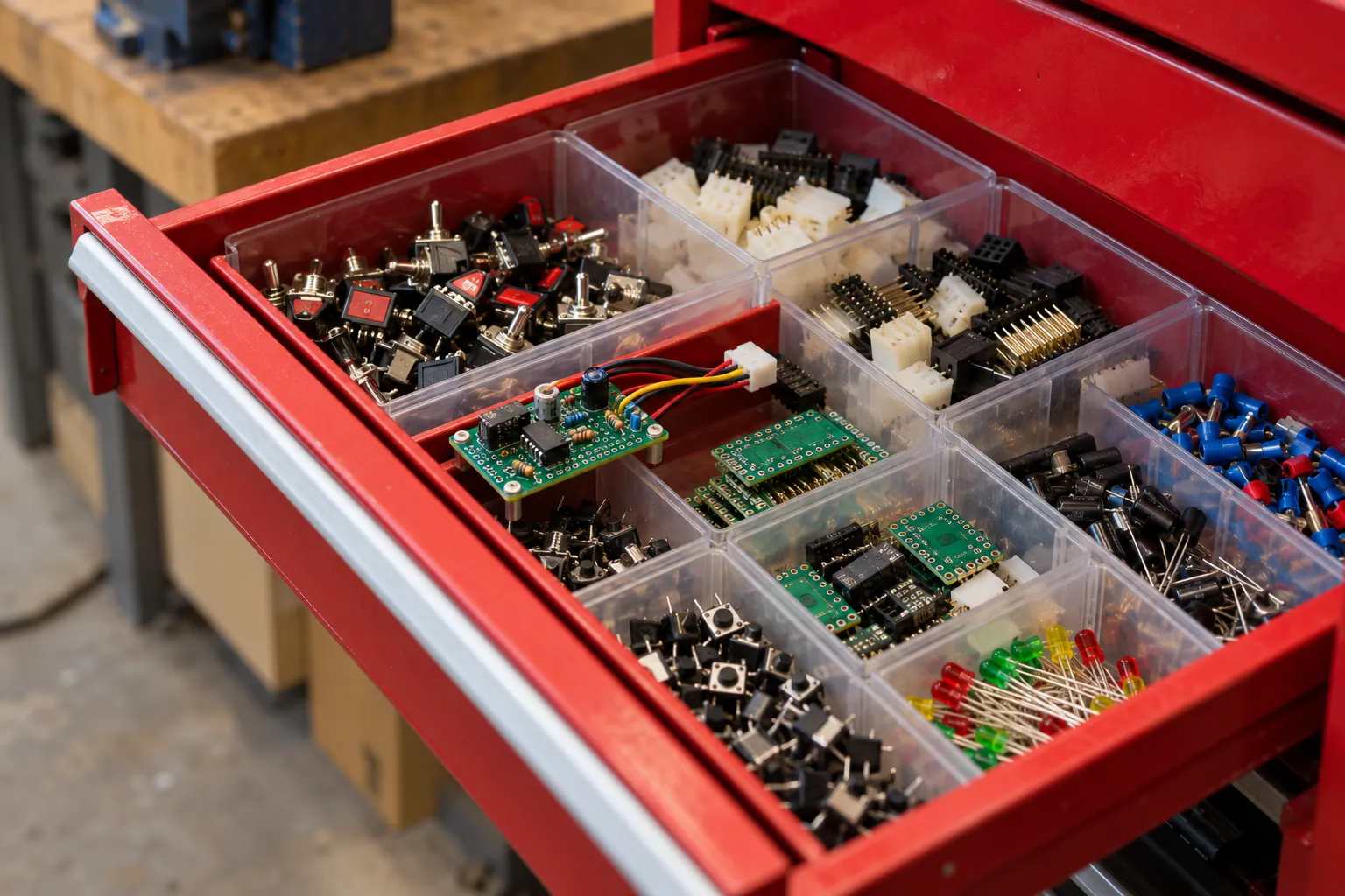 Illustration: An open red workshop drawer holding prototype components.