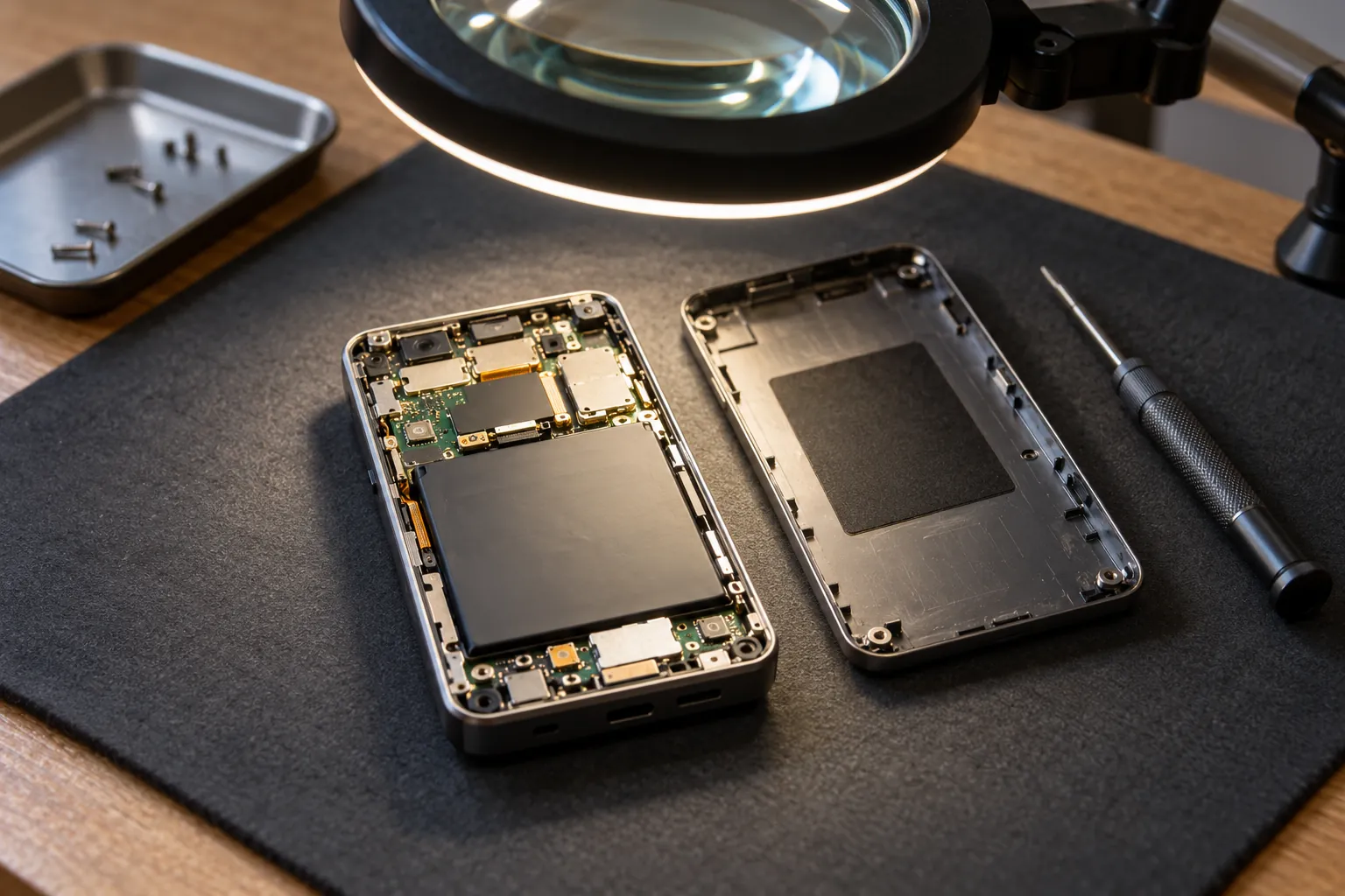 Illustration: An opened handheld device beneath a workshop magnifier.