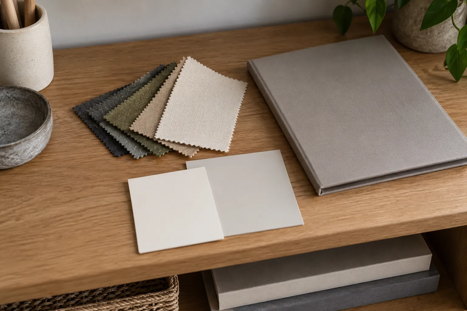 Illustration: Textile swatches and a portfolio on a studio meeting shelf.