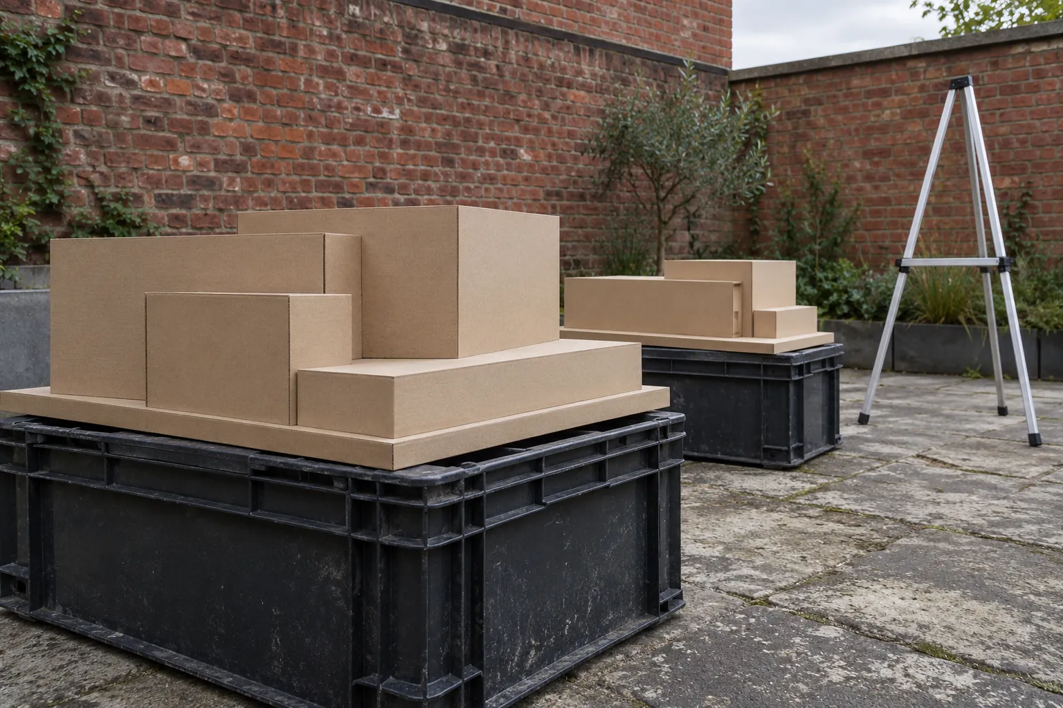 Illustration: Cardboard massing models on transport crates in a brick-and-concrete courtyard.