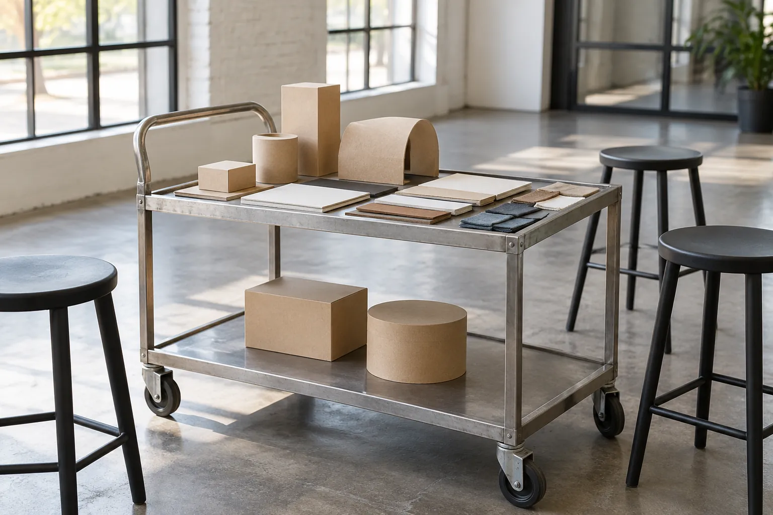 Illustration: Simple cardboard product prototypes and blank material swatches rest on a mobile steel cart beside empty black stools in a bright industrial meeting bay.