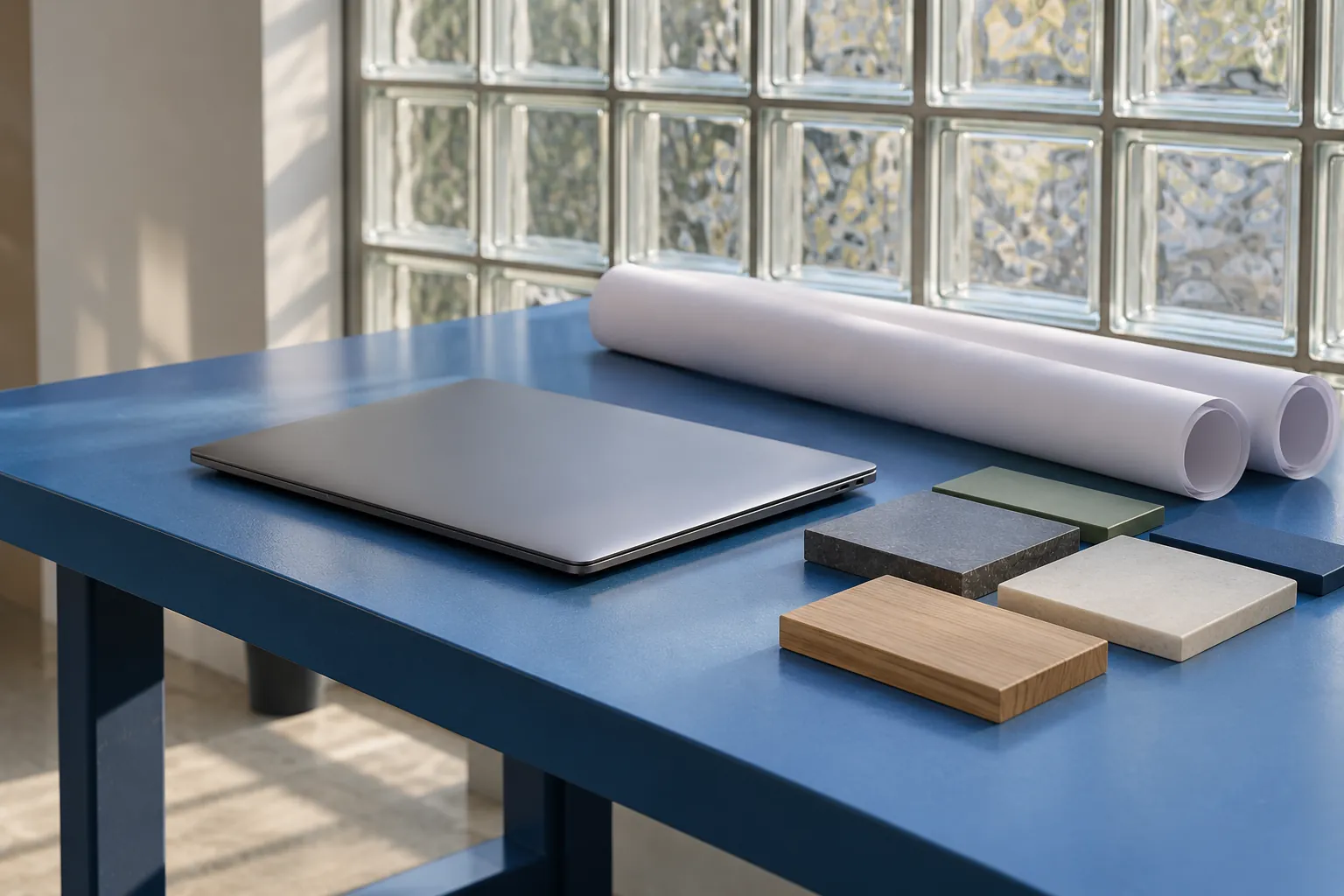 Illustration: A plain closed laptop, rolled blank plans and colored sample blocks sit on a blue standing-height work surface beside a glass-block wall, photographed wide.