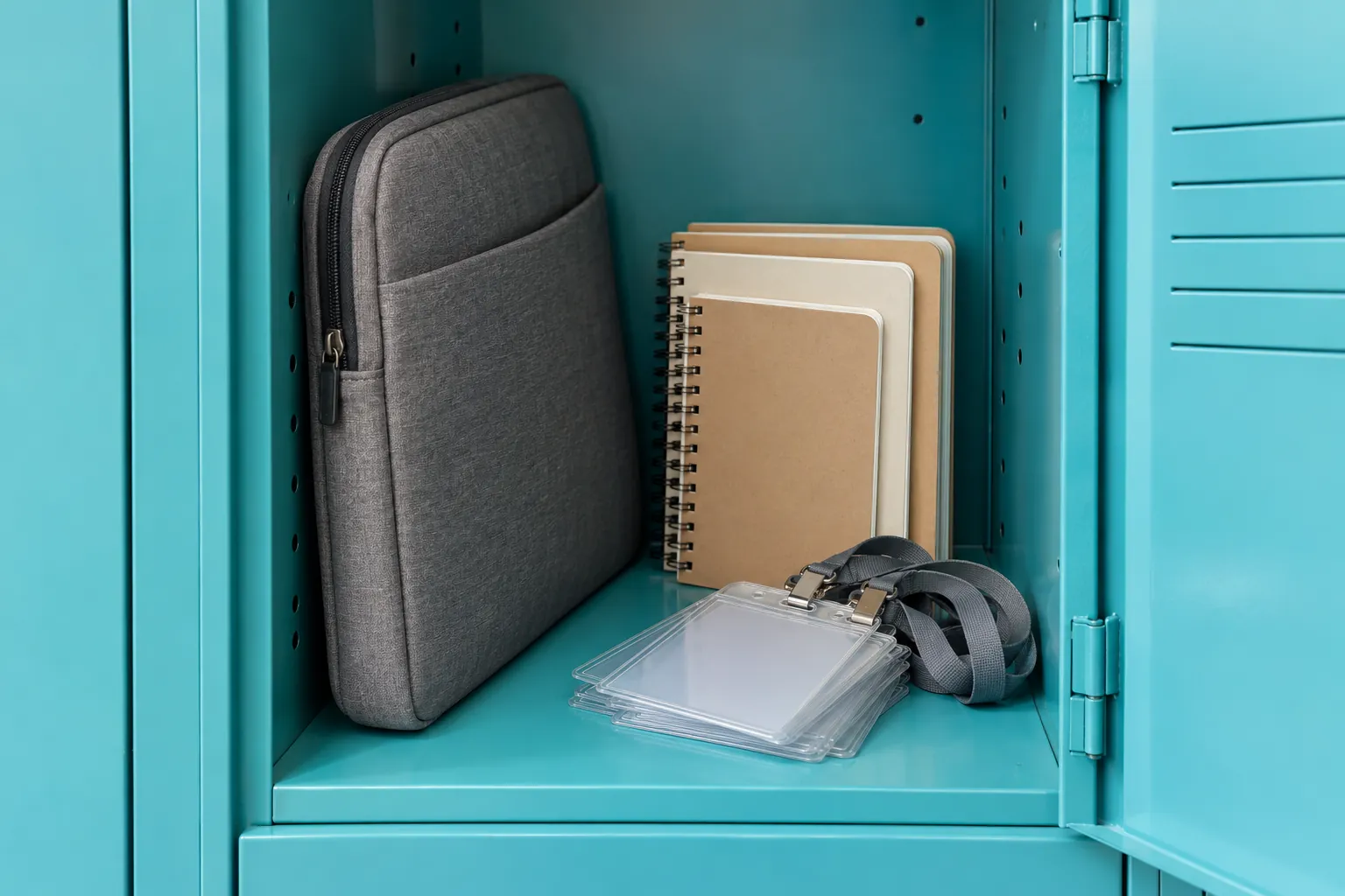 Illustration: A gray laptop sleeve, blank pocket notebooks and plain badge holders fill an open turquoise locker at an anonymous coworking entryway, framed frontally.