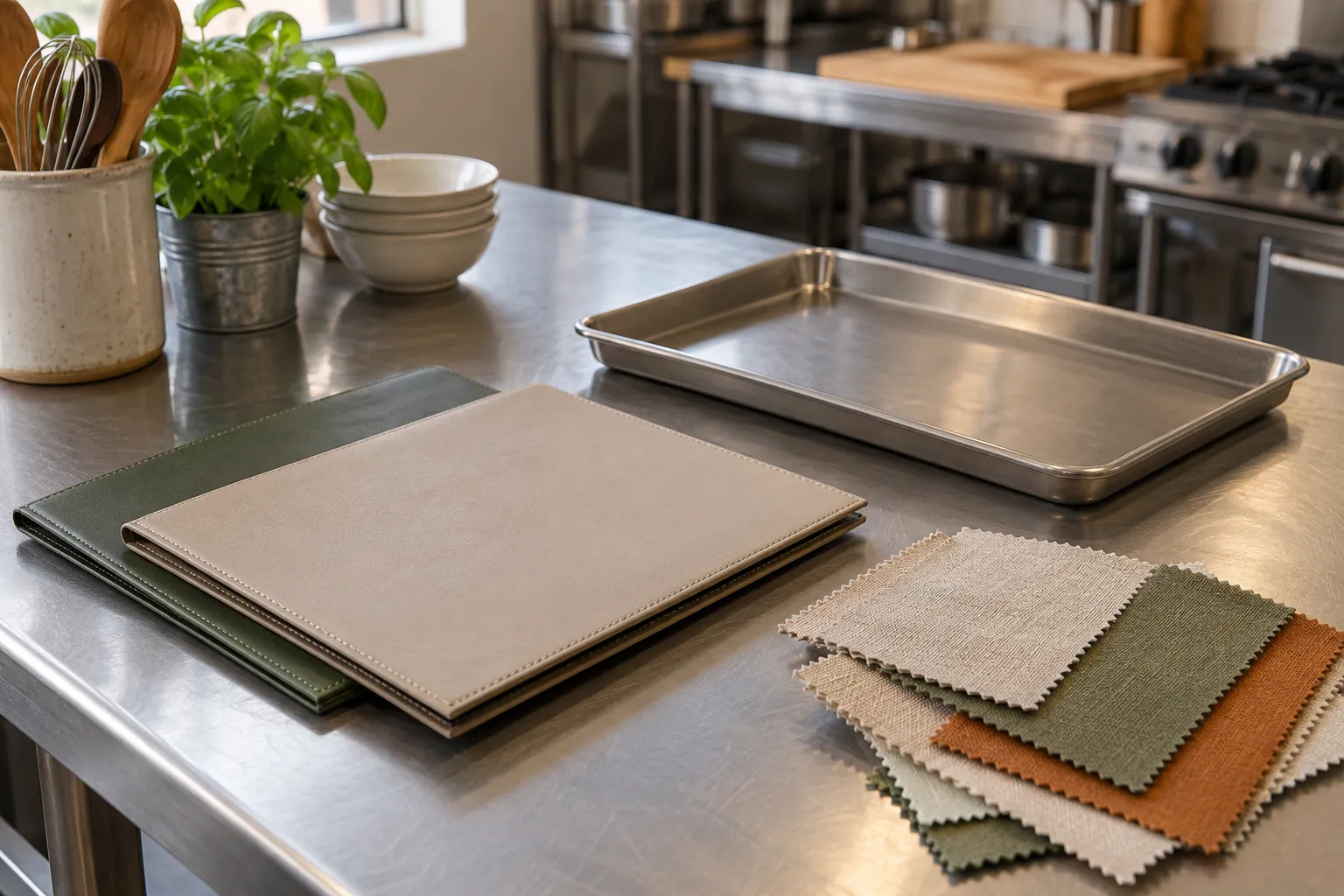 Illustration: Blank folders and fabric swatches beside a service tray.