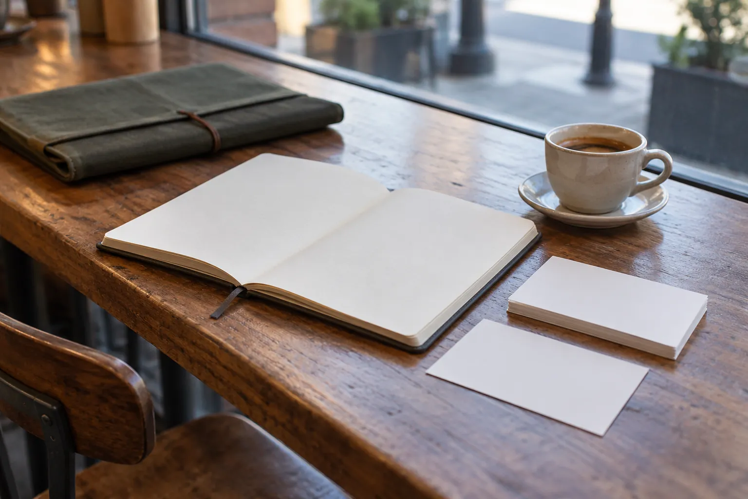 Illustration: A blank notebook and index cards beside an espresso cup.