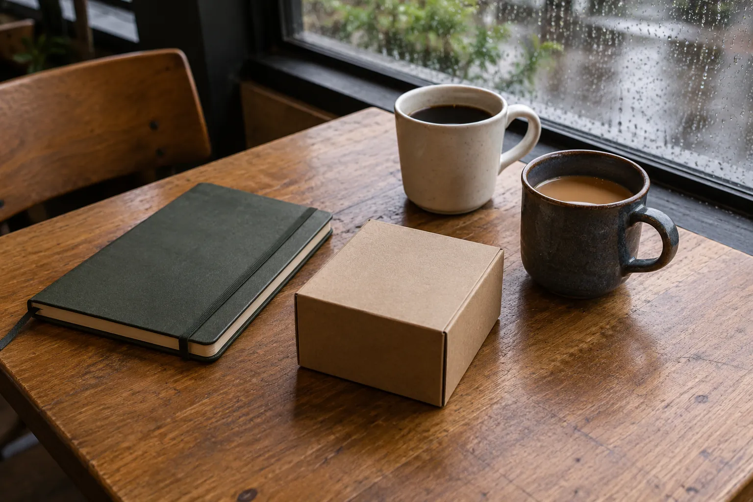 Illustration: A cardboard prototype and notebook beside two coffee cups.