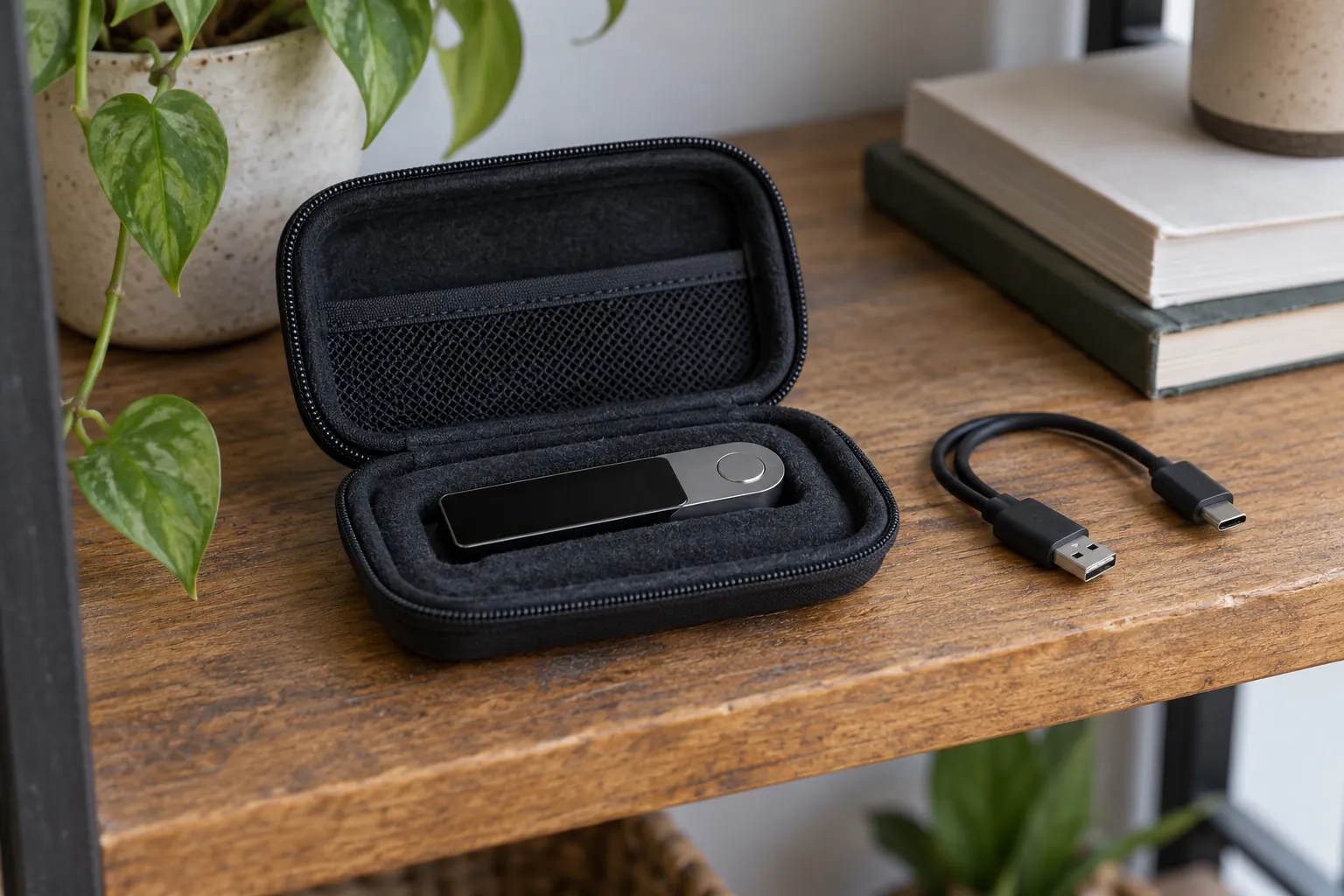 Illustration: A hardware-wallet device in a protective case beside a cable.
