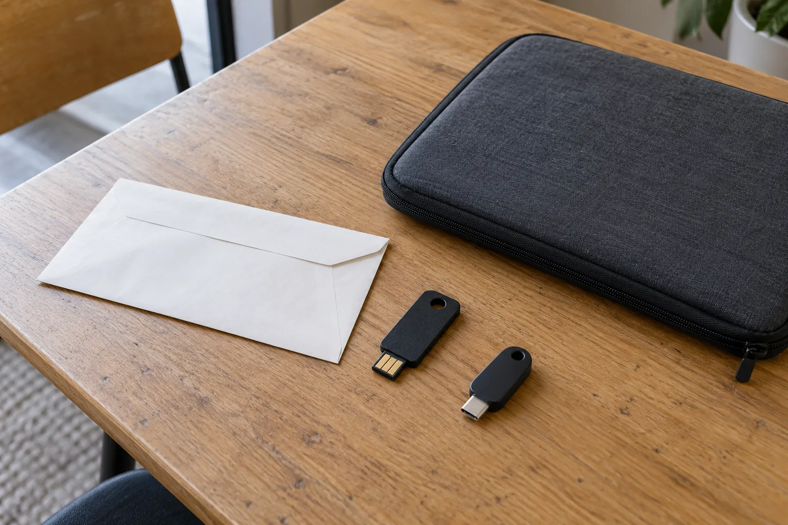Illustration: Security-key devices and a sealed envelope beside a laptop sleeve.