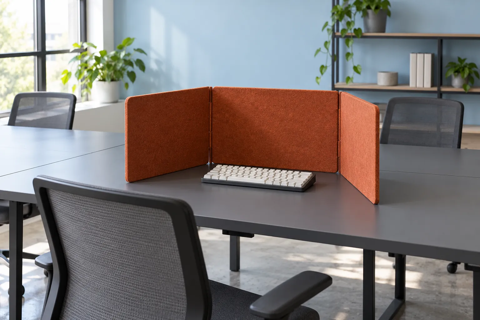 Illustration: A rust-orange privacy screen partly opened on a shared desk.