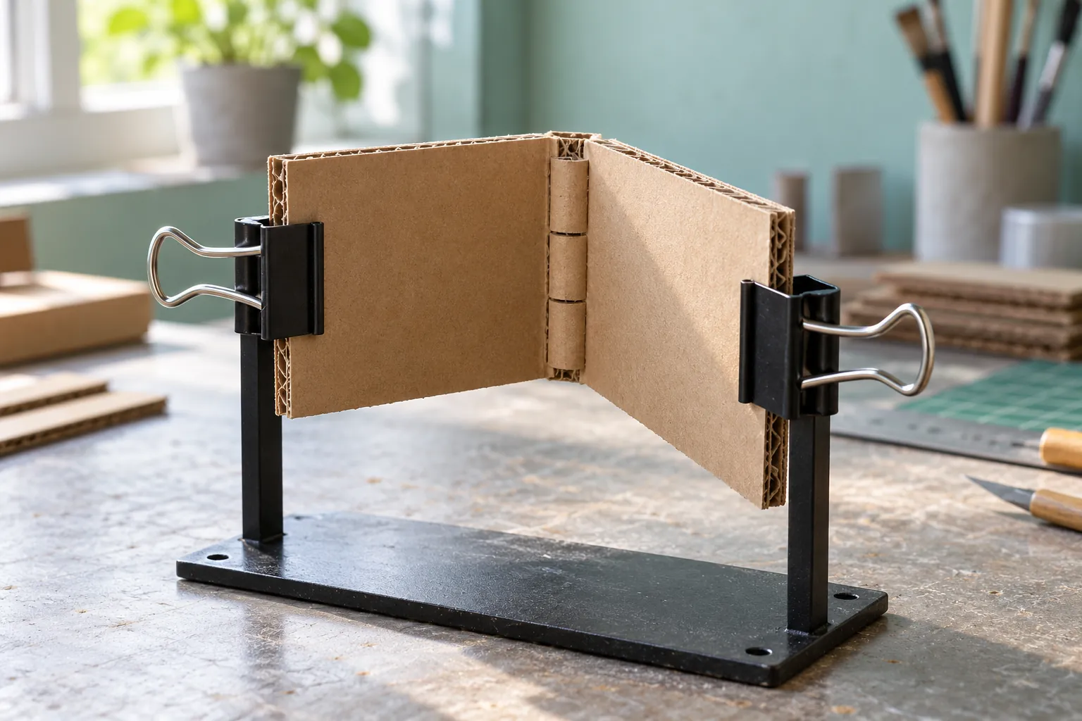 Illustration: A cardboard hinge prototype held on a small test stand.