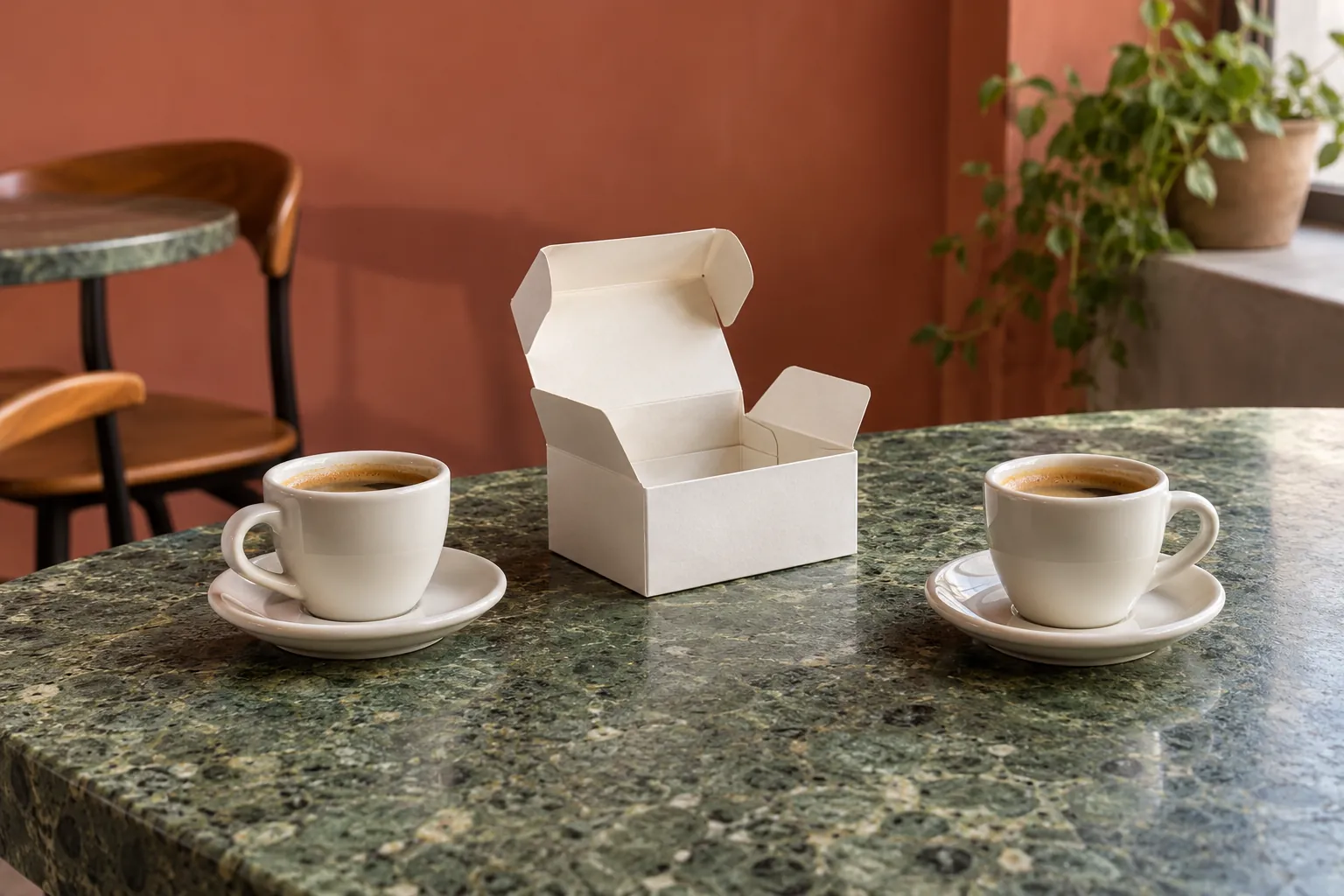 Illustration: A blank paper packaging mock-up between two coffee cups.