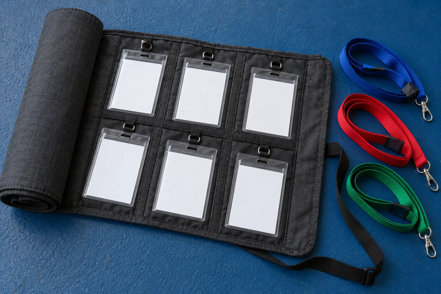 Illustration: Blank reusable badges inside a half-open fabric storage roll.
