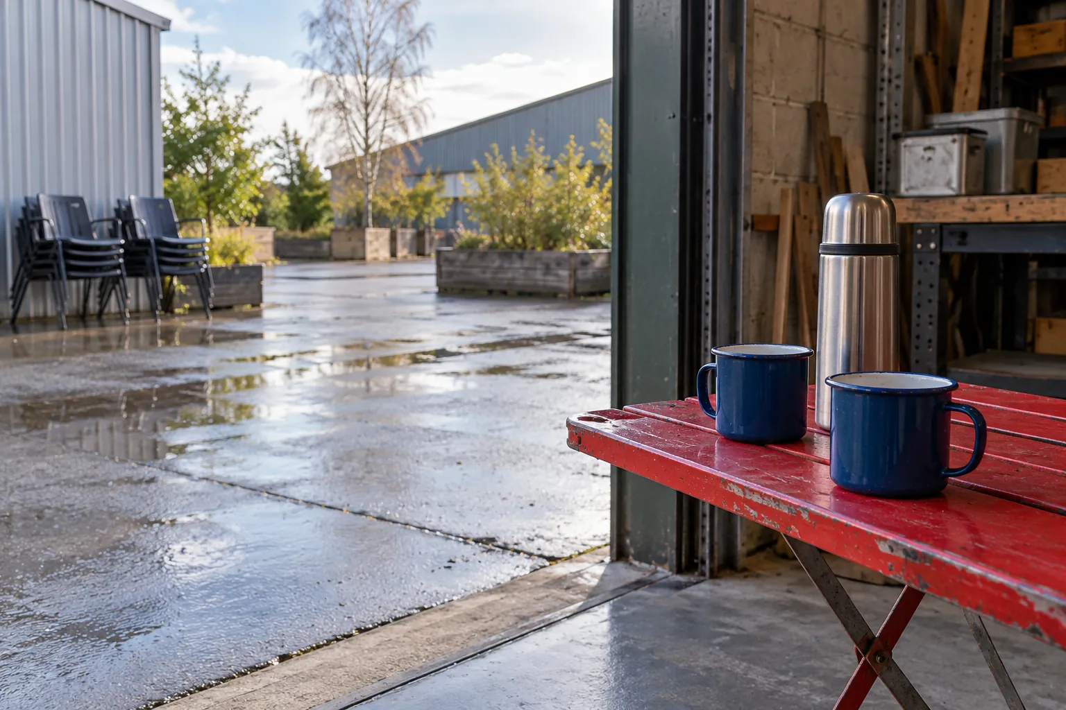 Illustration: Two plain blue enamel cups and a steel flask sit on a red folding ledge by the open loading door of a shared workshop.