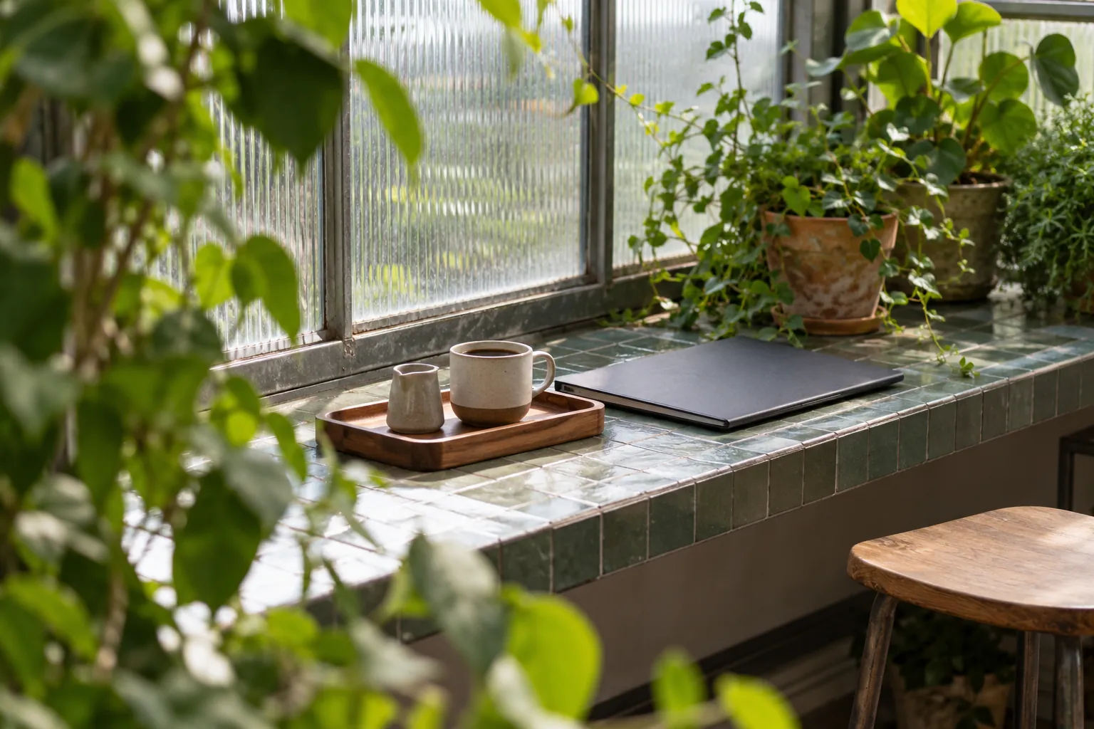 Illustration: A compact coffee tray rests on a tiled window shelf beside a closed unmarked portfolio in a modest greenhouse coworking annex.