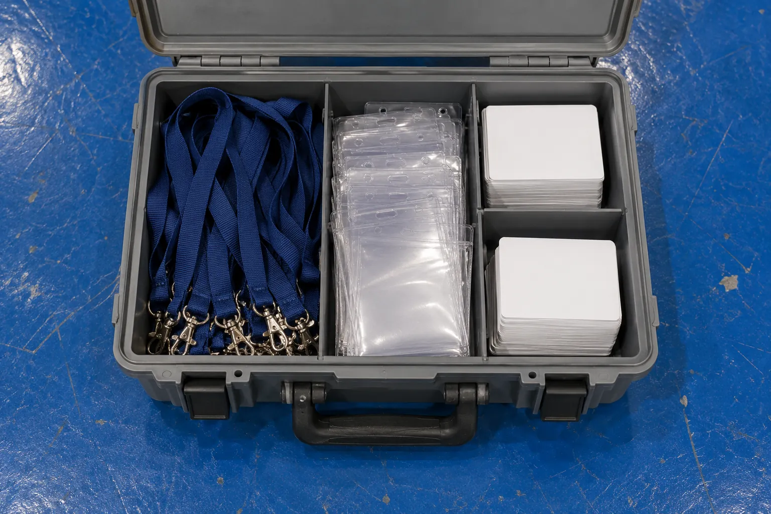Illustration: An open gray equipment case holds neatly divided plain lanyards, empty badge sleeves and blank cards.