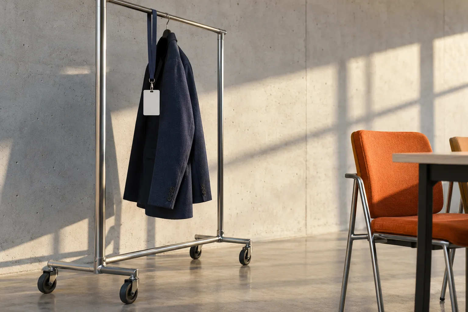Illustration: A navy jacket and a plain blank badge on its lanyard hang on a wheeled metal coat rail beside an orange meeting chair.