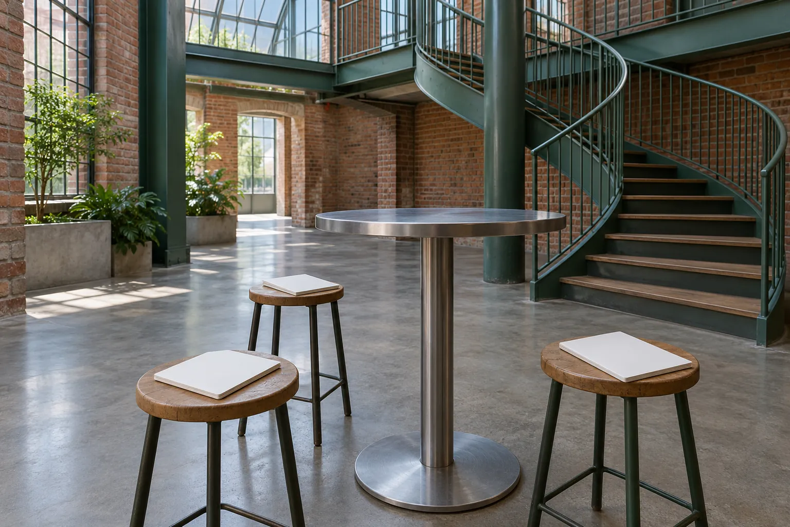 Illustration: Three plain folios rest on separate stools around an empty standing-height metal table at the foot of a circular staircase.