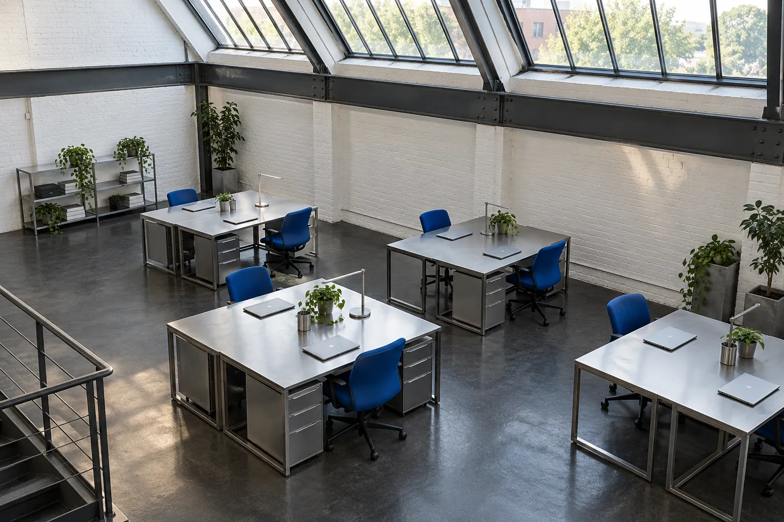 Illustration: Several compact steel workstations with closed unmarked laptops stand beneath high sawtooth windows in an empty converted industrial room.