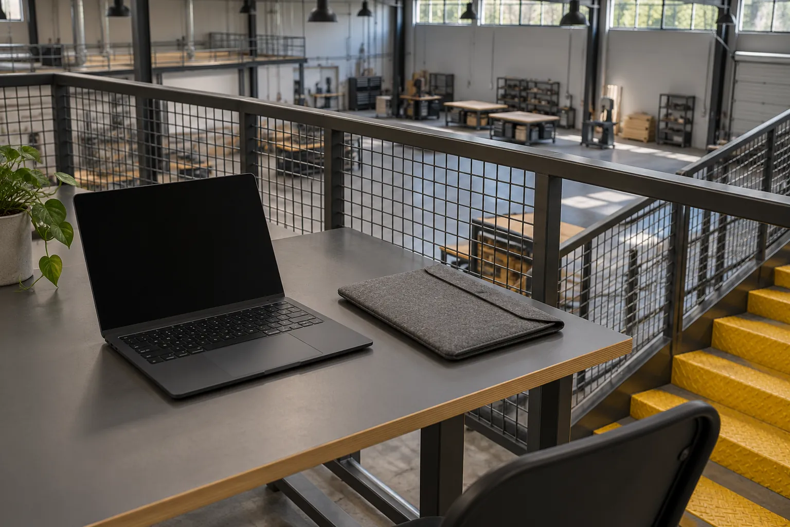 Illustration: A black laptop with its screen off and a gray felt sleeve sit on a simple desk overlooking an empty workshop mezzanine.