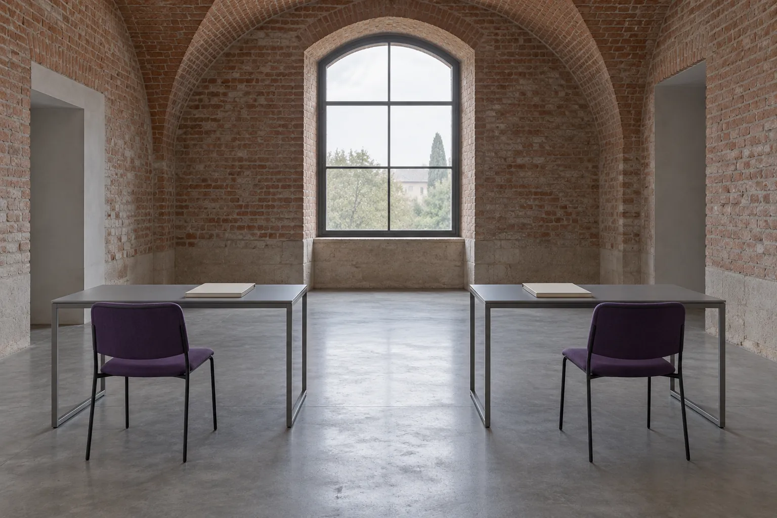 Illustration: Two metal desks and purple chairs occupy an ordinary brick-vaulted room, each desk holding a closed blank folio.
