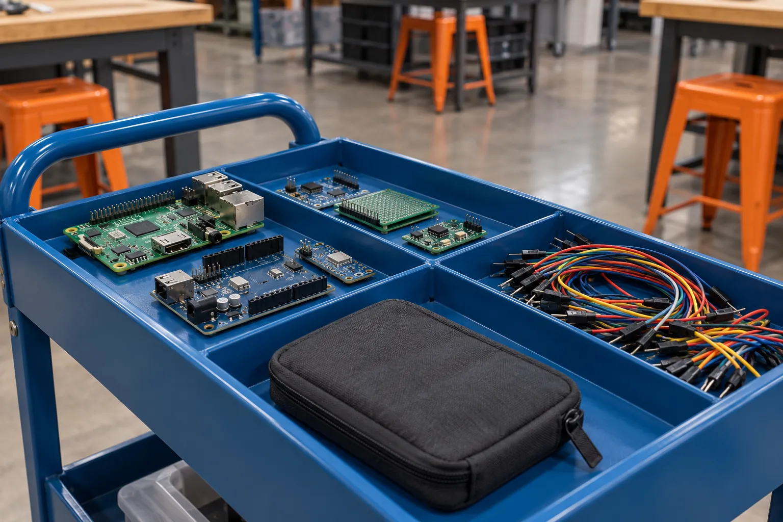 Illustration: Unpowered generic circuit boards, loose jumper wires and a small closed tool pouch rest in shallow compartments on a blue steel cart.